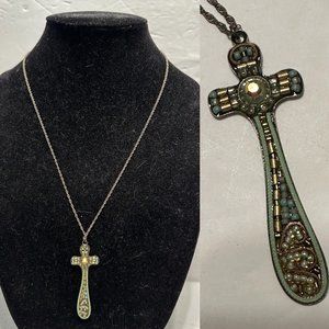 Ayala Bar Cross Mosaic Pendant Necklace SIGNED silver tone chain Beaded 22-26”